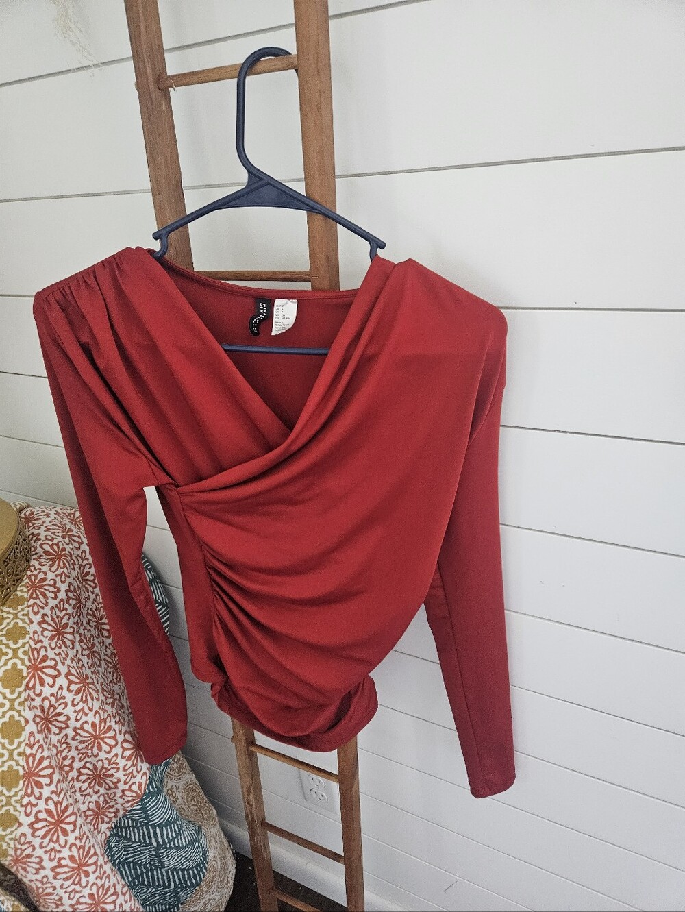 Divided Red Draped Long-Sleeve Women's Top